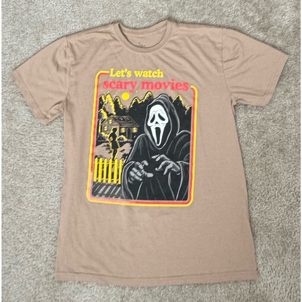 Ghost Face Scream Shirt Adults Medium Tan Let's Watch Scary Movies Horror